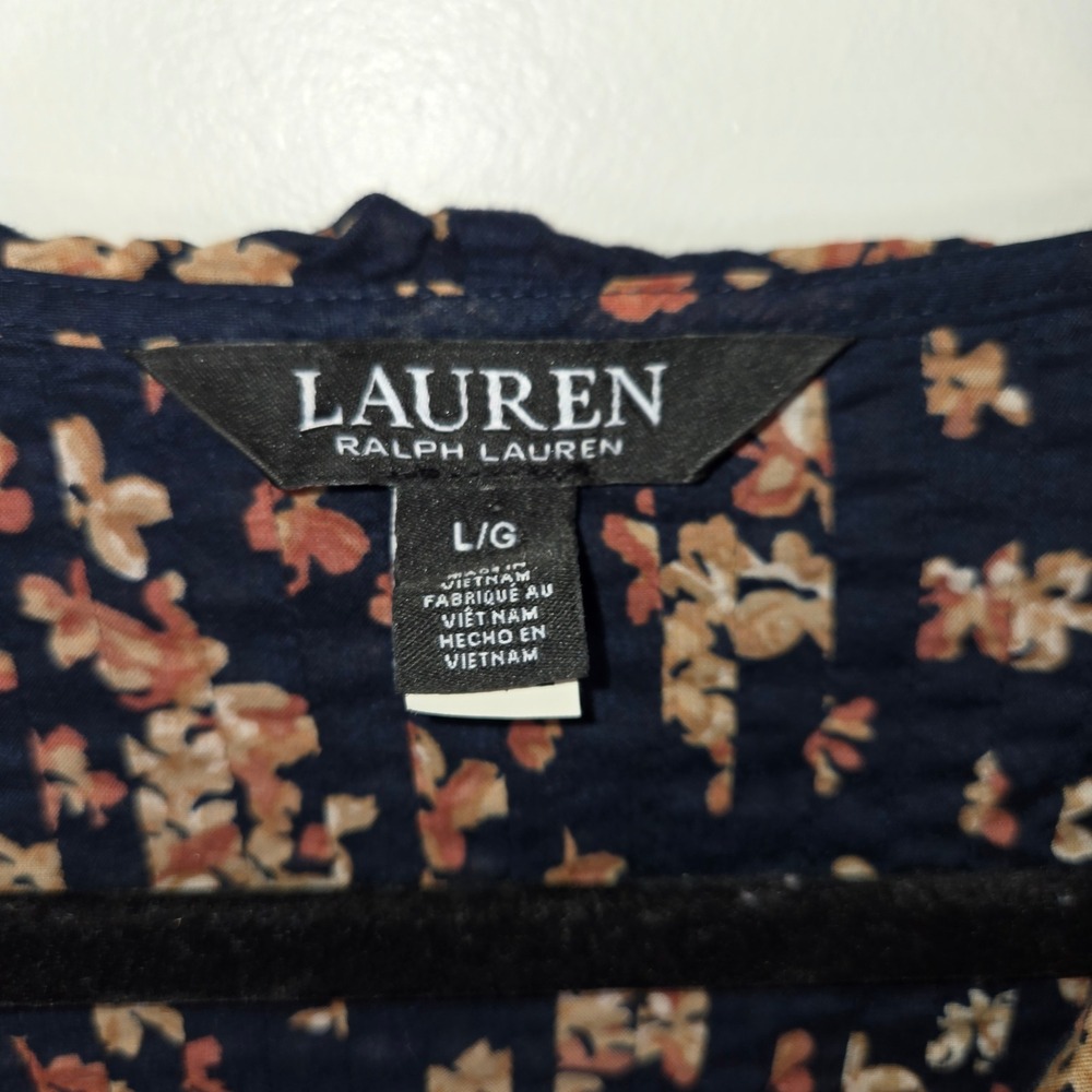 Lauren Ralph Lauren Floral Ruffle V-Neck Smocked Blouse Navy Blue Large L/G - Picture 3 of 4